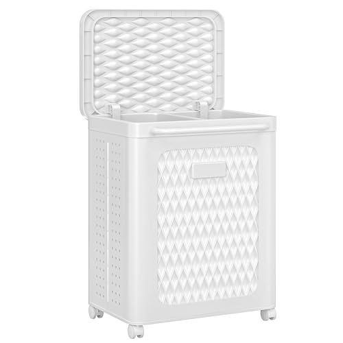 VECELO Rolling Laundry Hamper with Wheels and Lid, Foldable Plastic Laundry Basket with Handle, Rolling Divided Laundry Cart for Small Spaces, Laundry, Bathroom, Bedroom, White - color: White