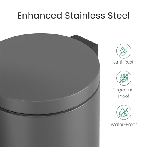 Cesun Small Round Bathroom Trash Can with Lid Soft Close, 1.2 Gal, Gray | Removable Inner Bucket, Stainless Steel Garbage Can for Bedroom/Office, Hands-Free Step Pedal, Fingerprint-Resistant - color: Gray