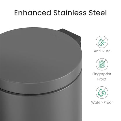 Cesun Small Round Bathroom Trash Can with Lid Soft Close, 1.2 Gal, Gray | Removable Inner Bucket, Stainless Steel Garbage Can for Bedroom/Office, Hands-Free Step Pedal, Fingerprint-Resistant - color: Gray