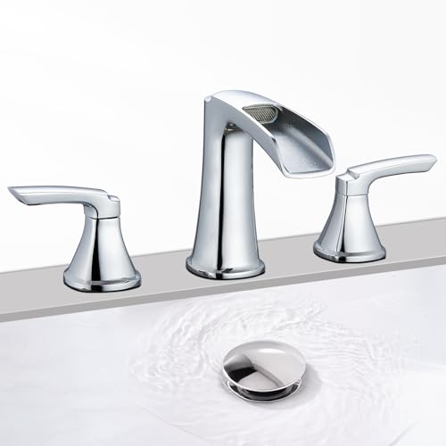 Chrome Waterfall Bathroom Faucet, Sanliv 3-Piece Widespread Bathroom Sink Faucets, 2-Handle Vanity Faucet for 3-Hole Sinks 4-8 Inch with Pop-Up Drain, ‎Polished Chrome - color: Chrome