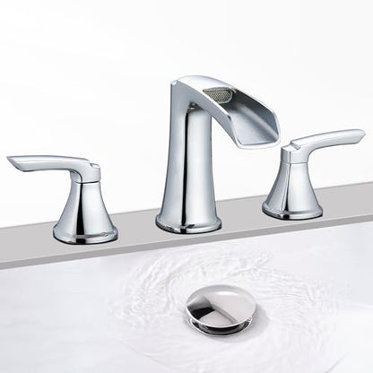 Chrome Waterfall Bathroom Faucet, Sanliv 3-Piece Widespread Bathroom Sink Faucets, 2-Handle Vanity Faucet for 3-Hole Sinks 4-8 Inch with Pop-Up Drain, ‎Polished Chrome - color: Chrome