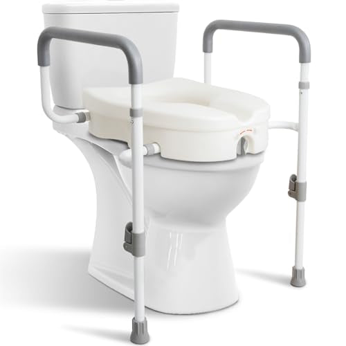 Raised Toilet Seat with Handles for Seniors, 5-inch Rise | Toilet Seat Risers for Seniors with Handles and Padded Arms, Elevated Seat for Handicap, Fits Standard & Elongated Commodes