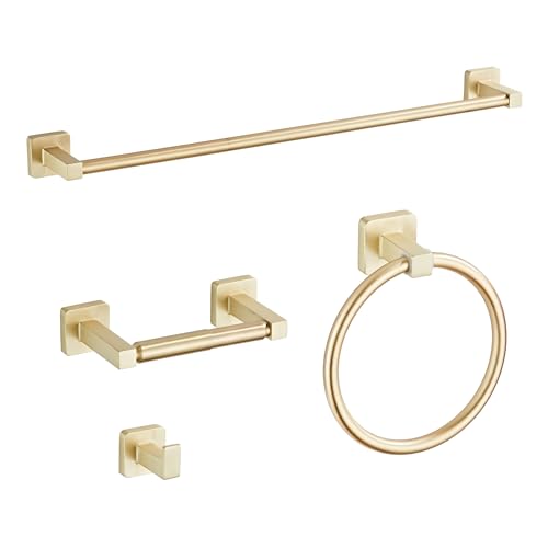 Brusehd Light Gold Bathroom Hardware Set 4 Pieces,Bathroom Accessories Set Stainless Steel Wall Mounted, Hand Towel Bar, Towel Ring, Robe Towel Hooks,Toilet Paper Holder,Towel Bar Set, 23.6 Inch… - color: Brusehd Light Gold, size: 23.6Inch