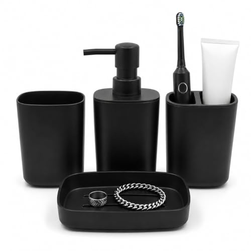 LGURT Matte Black Bath Accessories Set — 4-Pc Dispenser, Holder & Cup | Compact 4-piece matte black bath set. 10oz dispenser, toothbrush holder, cup & dish. Countertop-friendly. Budget-friendly. - color: Matte Black