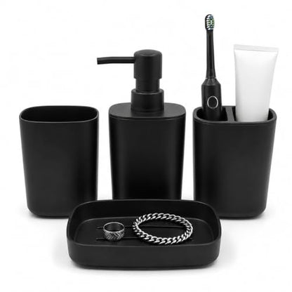 LGURT Matte Black Bath Accessories Set — 4-Pc Dispenser, Holder & Cup | Compact 4-piece matte black bath set. 10oz dispenser, toothbrush holder, cup & dish. Countertop-friendly. Budget-friendly. - color: Matte Black