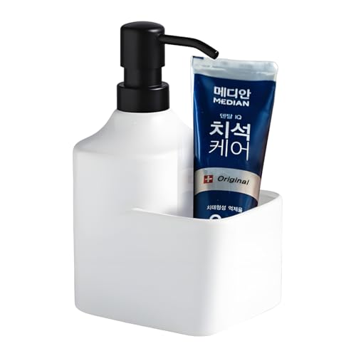 Gets Soap Dispenser White Ceramic Pump Bottle with Storage Holder | Countertop Liquid Hand Wash Bottle with Organizer Tray for Bathroom, Kitchen, Refillable Modern Dispenser for Vanity Sink - size: White With Sponge Holder