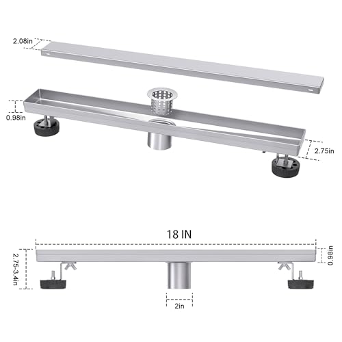 Brushed Nickel 18-Inch Linear Shower Drain with Tile Insert Grate, Rectangle Floor Drain 304 Stainless Steel Including Hair Strainer - color: Brushed, size: 18 IN
