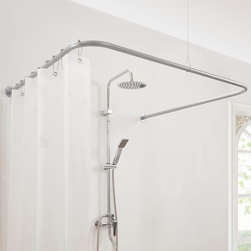 U Shaped Shower Curtain Rod, [Both Sides: 24"-52", Middle: 31"-47"] Adjustable U Shape Outdoor Corner Curtain Pole for Bathroom Bathtub with 12 Hooks & Ceiling Support - Silver Gray - color: Silver Gray