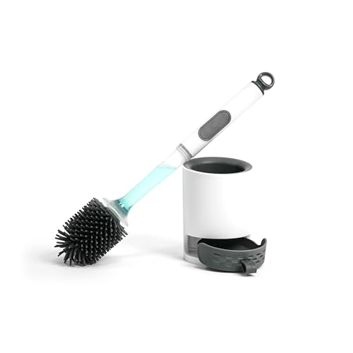 Silicone Toilet Brush and Holder Set, 1 Pack Bendable Toilet Scrubber for Curved Rim, Non-Scratch Drip-Resistant Brush with Sprayer, Space Saving Bathroom Essentials (1)