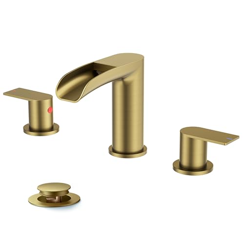 FORIOUS Bathroom Faucet 3 Hole Widespread Sink 8 Inch 2 Handle Brushed Gold | 3-hole 6-12 Inch Widespread Sink, Waterfall Faucets, with Drain and Hoses,for Vanity Rv Commercial Lavatory Restroom Basin - color: Brushed Gold