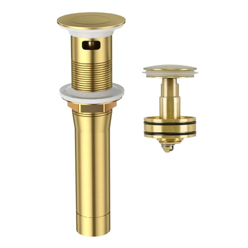 CREA Gold Bathroom Sink Drain Stopper,Pop Up Sink Drain Stopper Bathroom Sink with Overflow,Vessel Sink Drain Plug with Anti-Clogging Strainer Pop Up Drain Stopper Kit All Metal Stailess Steel - color: Gold Brushed