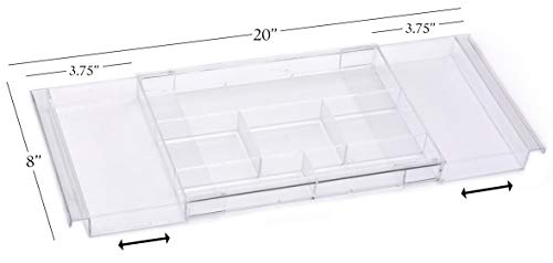 Masirs Expandable Drawer Organizer - Customizable Makeup Vanity Organizing Storage Tray for Bathroom, Bedroom & Desk Drawers - Clear Plastic Cosmetics Organizers with Expanding Compartment (Set of 2)
