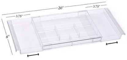 Masirs Expandable Drawer Organizer - Customizable Makeup Vanity Organizing Storage Tray for Bathroom, Bedroom & Desk Drawers - Clear Plastic Cosmetics Organizers with Expanding Compartment (Set of 2)