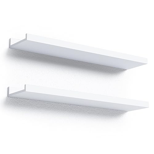 Boswillon Floating Shelves Set of 2, Long Wall Shelf with Lip, 24in, White | Display Ledge Shelf for Room Wall, Wall Decor Shelves for Bathroom, Living Room, Bedroom, Kitchen, Nursery Room, Modern, Wood - color: White, size: 23.6 in