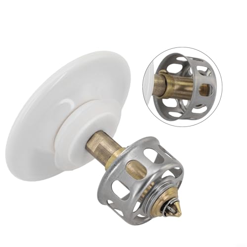 Bathroom Basin Drain With Strainer Basket For Countertop Bathtub, Brass And Ceramic Up Stopper(White) - color: White