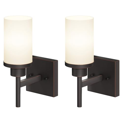 Wall Lights Over Mirror Bathroom Vanity Light Fixtures with White Frosted Glass Shade, Wall Sconces for Porch, 2 Pack Oil Rubbed Bronze T001ORB-L1-P2 - color: Oil-Rubbed Bronze, size: 1-Light (2 Pack)