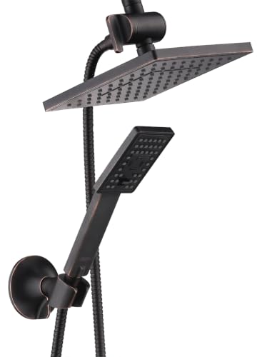 BRIGHT SHOWERS Rain Shower Head with Handheld Spray, 8 Inch Rainfall Shower Head Combo with 60" Hose, Adjustable Dual Square Showerhead Set with 3-Way Diverter, Wall Bracket, Oil-Rubbed Bronze - color: Oil Rubbed Bronze, style: Dual Shower Head