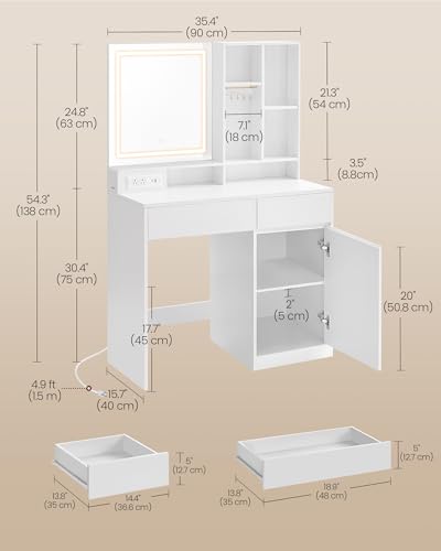 VASAGLE KAILYN Collection - 35.4-Inch Vanity Desk with Mirror and Lights, Power Outlets, Modern Vanity Table, Jewelry Storage, Adjustable Shelves, for Bedroom, Cloud White URDT132WB03S - style: 35.4"W 1 Drawers 1 Cabinet Vanity Desk - Cloud White