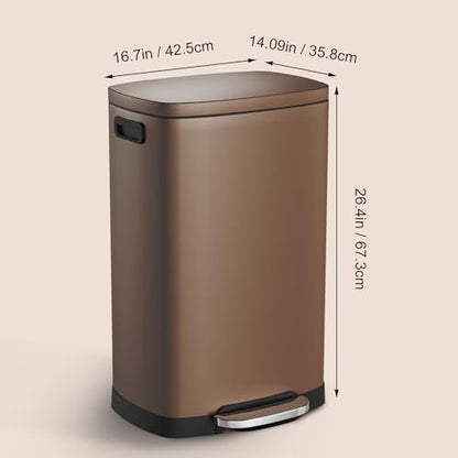 ELPHECO Kitchen Trash Can with Lid 13 Gal Stainless Steel Pedal Garbage Can | Soft Close Lid, Pedal, Heavy-Duty Fingerprint Proof Step Wastebasket with 20 Bags, Removable Bucket, Home Office, Brown - color: Brown