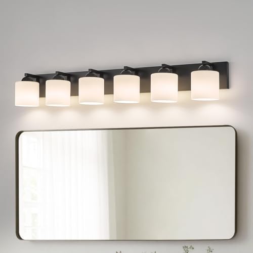 mirrea 6-Light Black Bathroom Vanity Light with White Glass Shades | Over Mirror,Wall Sconce,ETL listed,Bathroom Lighting Fixtures,Elegant Design,Milk White Glass Shade,Easy Installation - color: Black, size: 6-light