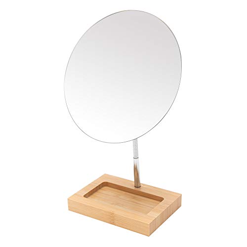 YEAKE Flexible Gooseneck Bamboo Vanity Makeup Mirror,360°Rotation 8" Large Frameless Vanity Mirror Folding Portable Table Desk Mirror with Stand Bathroom Shaving Make Up Mirrors Round - size: 11.6"L x 6.3"W