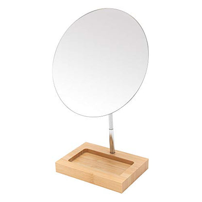 YEAKE Flexible Gooseneck Bamboo Vanity Makeup Mirror,360°Rotation 8" Large Frameless Vanity Mirror Folding Portable Table Desk Mirror with Stand Bathroom Shaving Make Up Mirrors Round - size: 11.6"L x 6.3"W