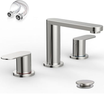 BWE Brushed Nickel Bathroom Faucet 3 Hole 8 Inch Widespread Sink Faucets | Stainless Steel Bathroom Faucets with Pop-up Drain and Supply Lines, 360° Swivel Spout 2-Handle Sink Faucet for Bath Vanity - color: Brushed Nickel, size: 8 Inches Widespread