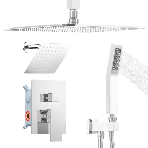 STARBATH Shower Faucet Set Shower System with Diverter Valve, Chrome | 12 Inch Ceiling Mount Rain Shower Head, 6 Inch Wall Mount Rainfall Shower Head and Handheld Spray for Two Person - color: Chrome, size: 12"+6"-02