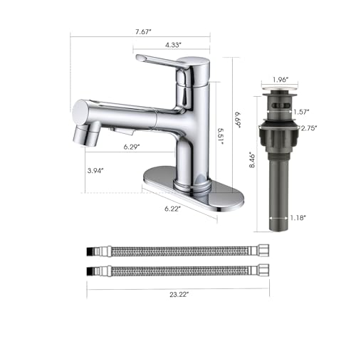 Bathroom Sink Faucet with Pull Out Sprayer, Single Handle Modern Bathroom Basin Faucet with Pop-up Sink Drain Stopper & Deck Plate 1 or 4-inch Centerset 3 Hole, Chrome - color: Chrome