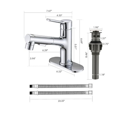 Bathroom Sink Faucet with Pull Out Sprayer, Single Handle Modern Bathroom Basin Faucet with Pop-up Sink Drain Stopper & Deck Plate 1 or 4-inch Centerset 3 Hole, Chrome - color: Chrome