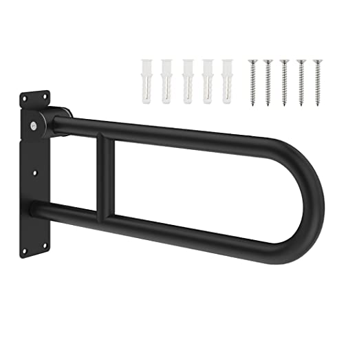 U-Shaped Polished Foldable Toilet Grab Bar,Matte Black Flip-Up Bathroom Handrail for Elderly Handicap Pregnant,Wall Mounted Barrier-Free Folding Shower Assist Aid (Black 60cm) - color: Black