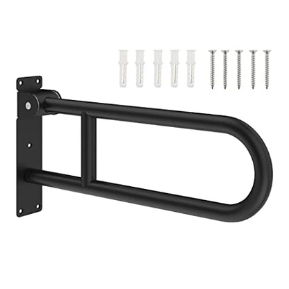 U-Shaped Polished Foldable Toilet Grab Bar,Matte Black Flip-Up Bathroom Handrail for Elderly Handicap Pregnant,Wall Mounted Barrier-Free Folding Shower Assist Aid (Black 60cm) - color: Black