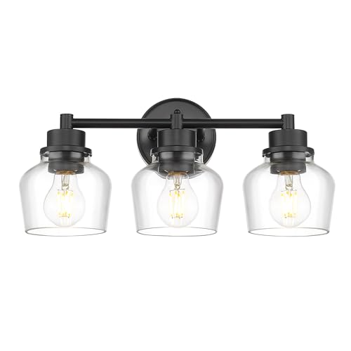 Emak 3-Light Bathroom Vanity Lights Over Mirror, Modern Bathroom Light Fixtures with Clear Glass Shade, Black Vanity Light for Bath, Makeup Desk, Mirror, VL122-BK-CG-3 - color: Black & Clear Glass, size: 3 Light