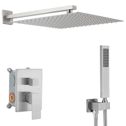 Brushed Nickel Shower System 16 Inch Bathroom Luxury Rain Mixer Shower Combo Set Wall Mounted Rainfall Shower Head and Handheld System Shower Faucet Set Rough-in Valve Body and Trim Kit - color: Brushed Nickel, size: 16 Inch