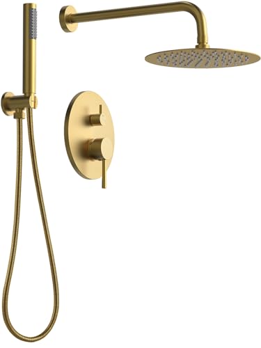 10" High-Pressure Rainfall Shower System with Handheld Spray, Wall Mount Bathroom Shower Faucet Set (Brushed Gold) - color: Brushed Gold, style: No Tub Spout