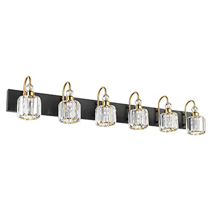 Ralbay Crystal Vanity Lights 6-Lights Modern Crystal Bathroom Vanity Lights Over Long Mirror Modern Black Gold Bathroom Vanity Lighting Fixtures - color: Round-Black+Gold, size: 6-light