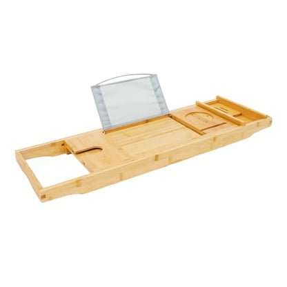 Bamboo Bathtub Tray Expandable, Natural Wood Bathtub Caddy with Holder, 29.53"-42.91" Adjustable Bath Tray for Soaking Tub, Wine Glass & Tablet Stand, Fits Most Tubs