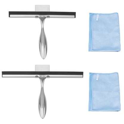 2-Pack Stainless Steel Shower & Window Squeegees with Microfiber Cloths and Wall Hook Holders, 10” & 12” Glass Cleaner for Bathrooms and Windows