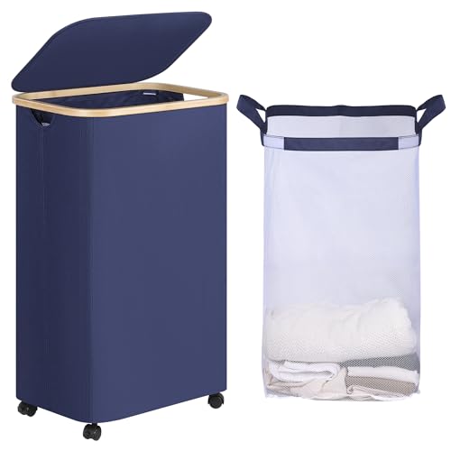 efluky Laundry Basket with Wheels, Tall Rolling Laundry Hamper with Lid and Removable Bag, Aesthetic Dirty Clothes Hamper on Wheels for Laundry Room, Bedroom, Dorm and Bathroom, 100L Blue - color: Blue, size: 100L