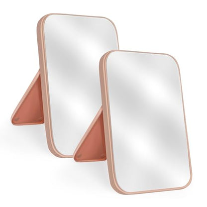 2Pcs Table Desk Vanity 8-Inch Makeup Mirror, Simple Portable Travel Mirror with Stand, Standing and Wall Hanging Dual-use Pink - color: 2pcs-pink
