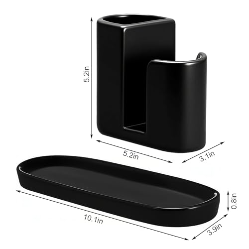 3 in 1 Ceramic Kitchen Sink Caddy Dish Sponge Holder Scrub Brush Holder and Soap Tray for Kitchen Organizer Rustic Farmhouse Supplies(Black) - color: Black