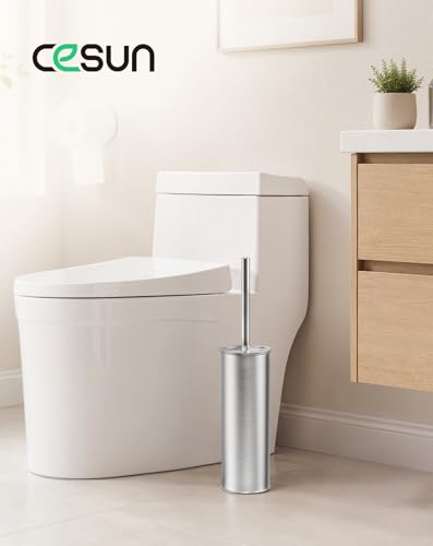 Cesun 304 Stainless Steel Toilet Brush & Holder Set, 2 Brush Heads, Silver | S-Shaped Deep Cleaning, Scratch-Free Nylon Bristles, Long Handle & Splash Guard, Replaceable Brush Head - color: Silver