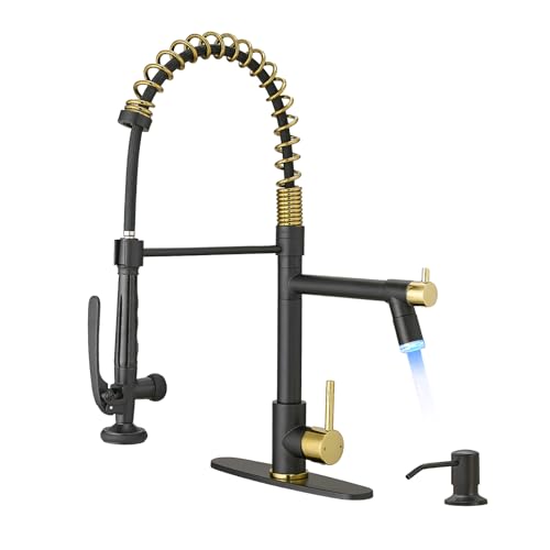 Fapully Commercial Kitchen Faucets with Pull Down Sprayer Matte Black&Gold | LED Kitchen Faucet with Soap Dispenser and Deck Plack for 4 Hole, Single Handle Faucet for Kitchen Sink - color: Black&Gold, style: Contemporary