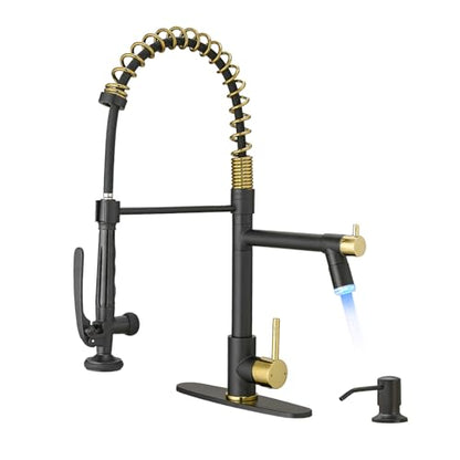 Fapully Commercial Kitchen Faucets with Pull Down Sprayer Matte Black&Gold | LED Kitchen Faucet with Soap Dispenser and Deck Plack for 4 Hole, Single Handle Faucet for Kitchen Sink - color: Black&Gold, style: Contemporary