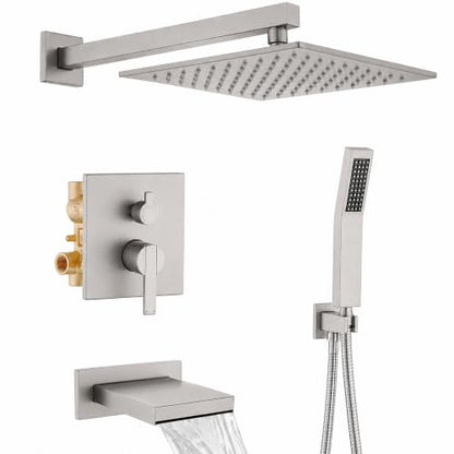 Shower System with Tub Spout, All Metal Bathtub Shower Faucet Set with High Pressure 10 Inch Rain Shower Head and Handheld Shower Head Set, Brushed Nickel (Valve Include) - color: Brushed Nickel