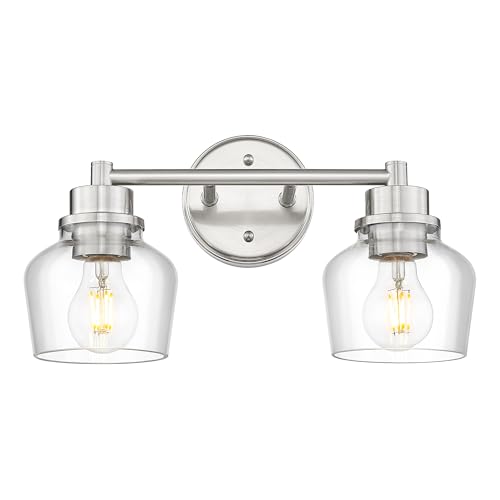 Emak 2-Light Vanity Lights, Brushed Nickel Bathroom Lights Over Mirror with Clear Glass Shade, Modern Bathroom Wall Sconces, VL122-BN-CG-2 - color: Brushed Nickel & Clear Glass, size: 2 Light