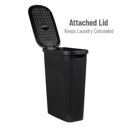Mind Reader Slim Laundry Hamper with Lid, 40L Clothes Basket, Linen Design, Plastic, Black - color: Black