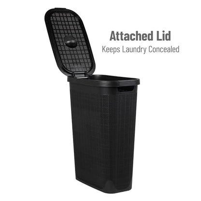 Mind Reader Slim Laundry Hamper with Lid, 40L Clothes Basket, Linen Design, Plastic, Black - color: Black