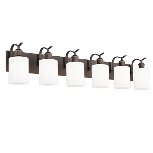 Modern 6-Light Vanity Fixture with Frosted Glass, Wall Mount Over Mirror, Oil Rubbed Bronze,VL01ORBW-6 - color: Oil-Rubbed Bronze & Milk Glass, size: 6 LIGHT