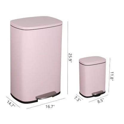 happimess Connor 2-Piece Iron Trash Can, Blush Pink | 13.2 And 1.3 Gallons, Rectangular, Soft-Close Lid, Step Pedal, 20 Liners, 26" And 12" Height - color: Blush Pink